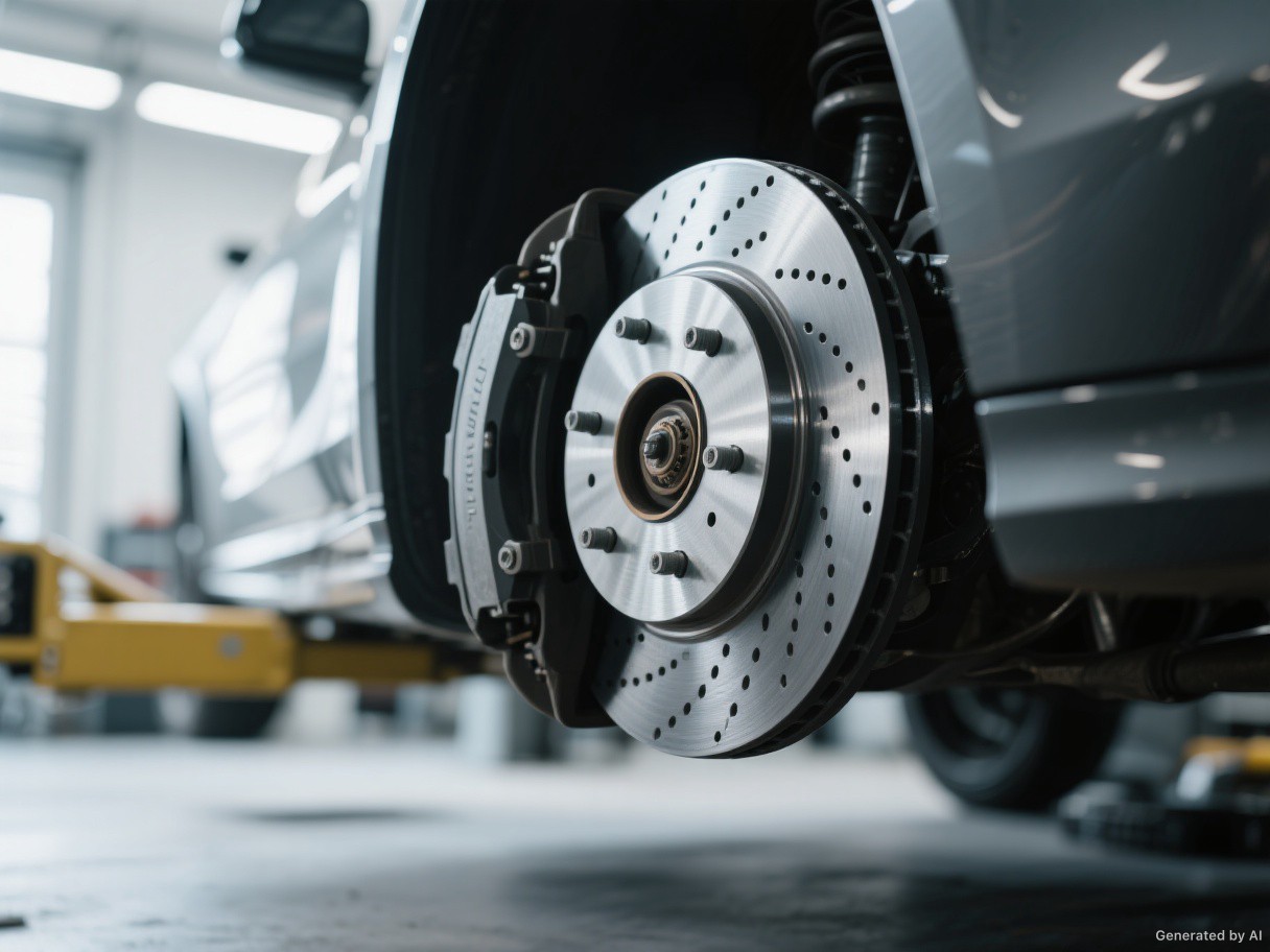 A close look at a brake disc and wheel assembly.