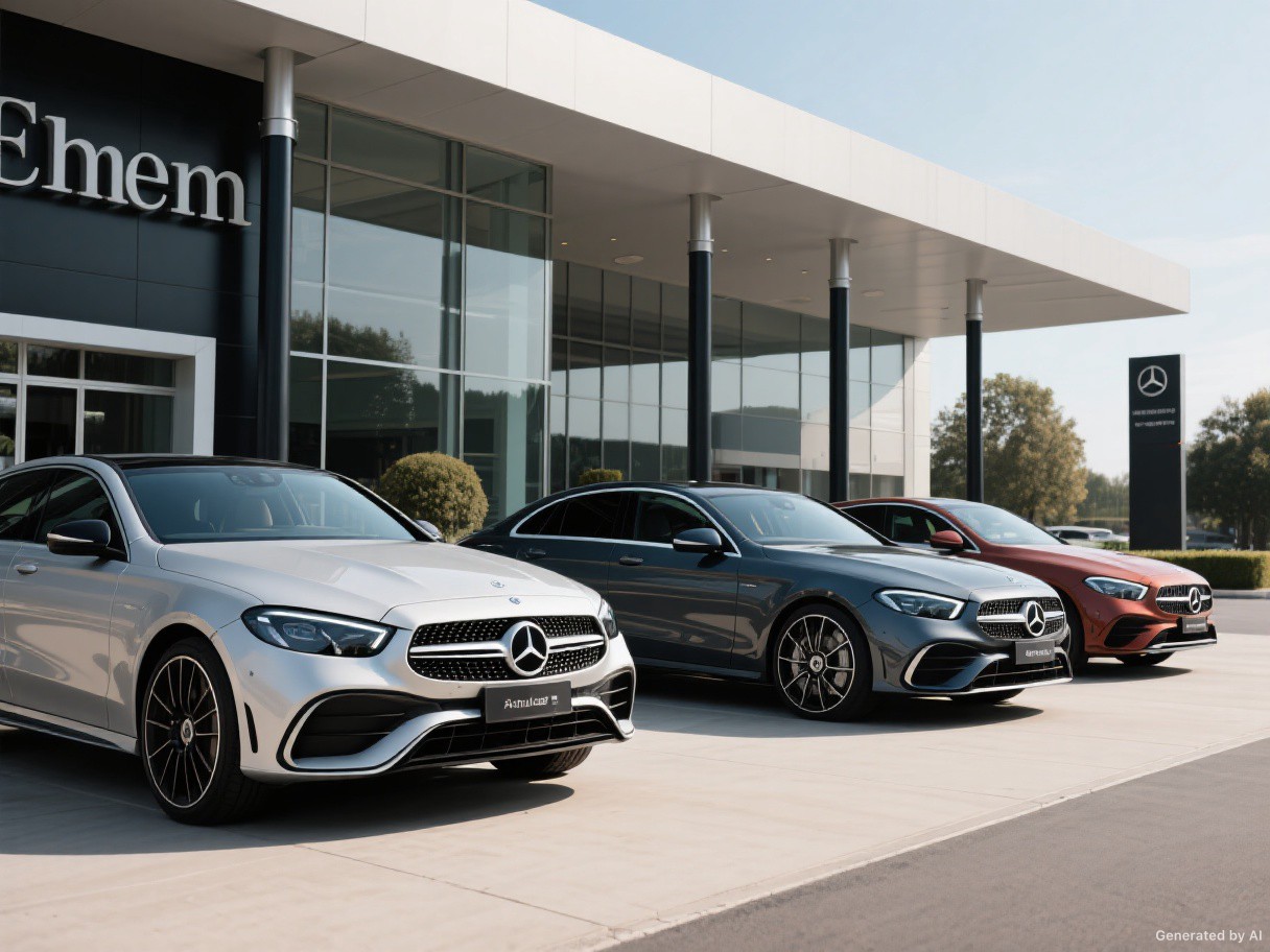 A selection of vehicles outside a showroom.
