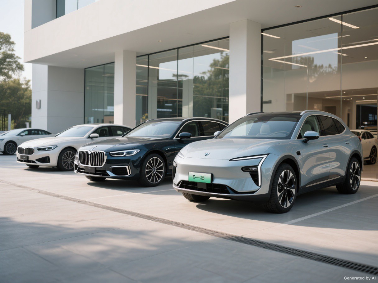 Several cars parked outside a modern showroom.