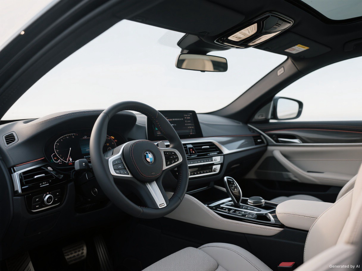A modern car interior with dashboard and seating detail.