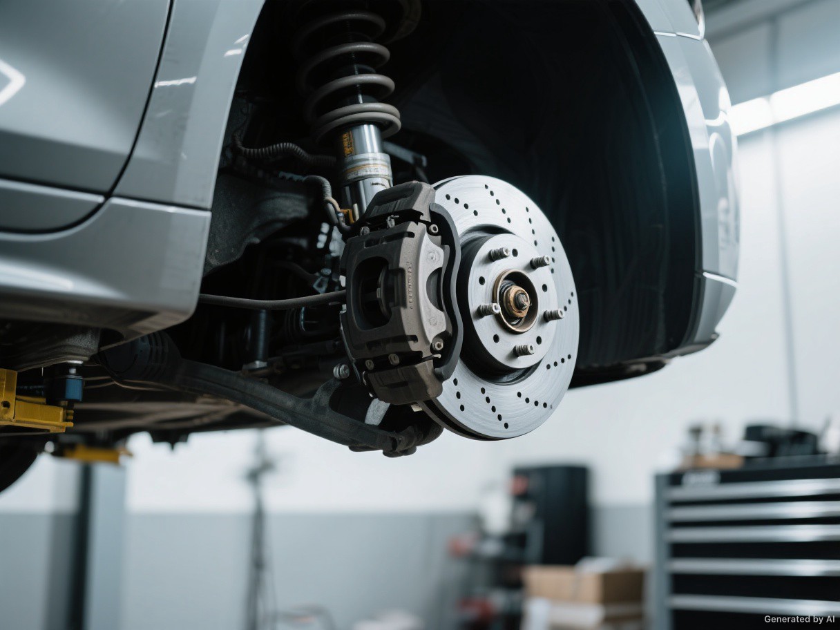 Brake, suspension, and chassis detail in a workshop.