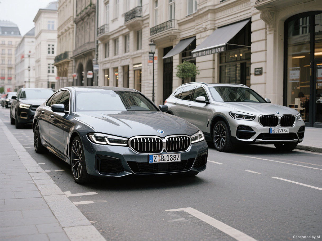 European cars lined up on a city street.