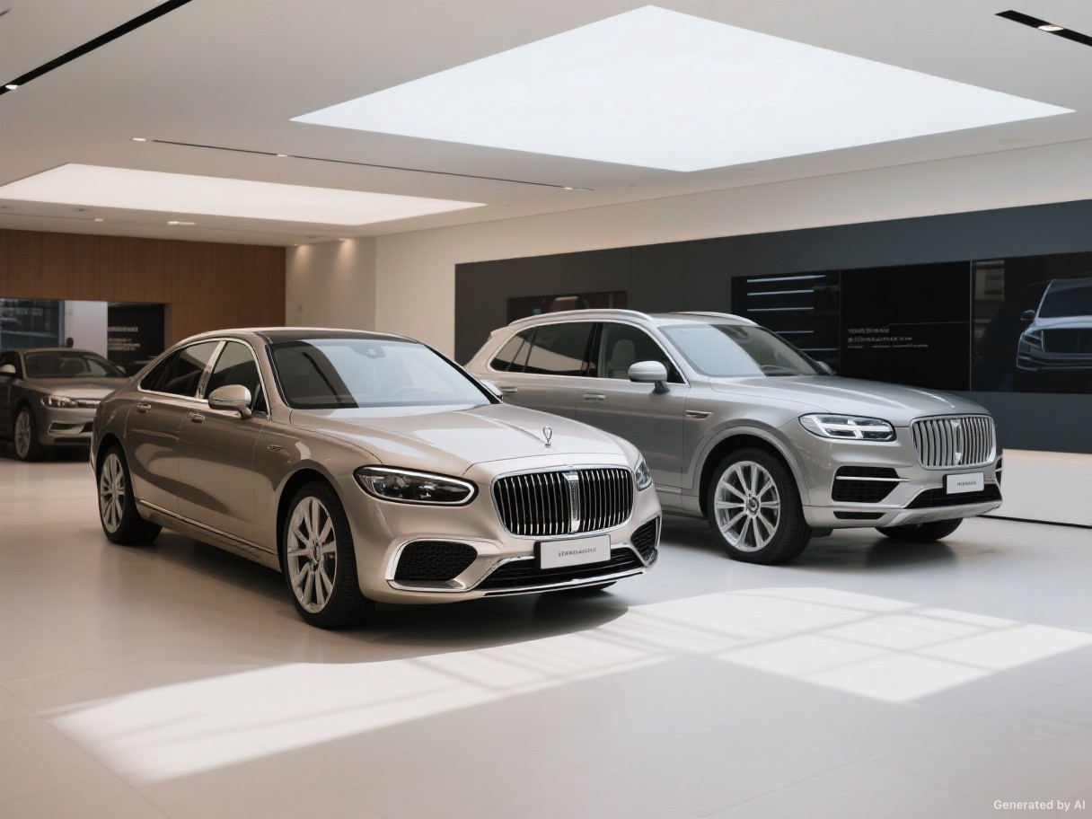 Luxury-focused cars in a modern showroom.