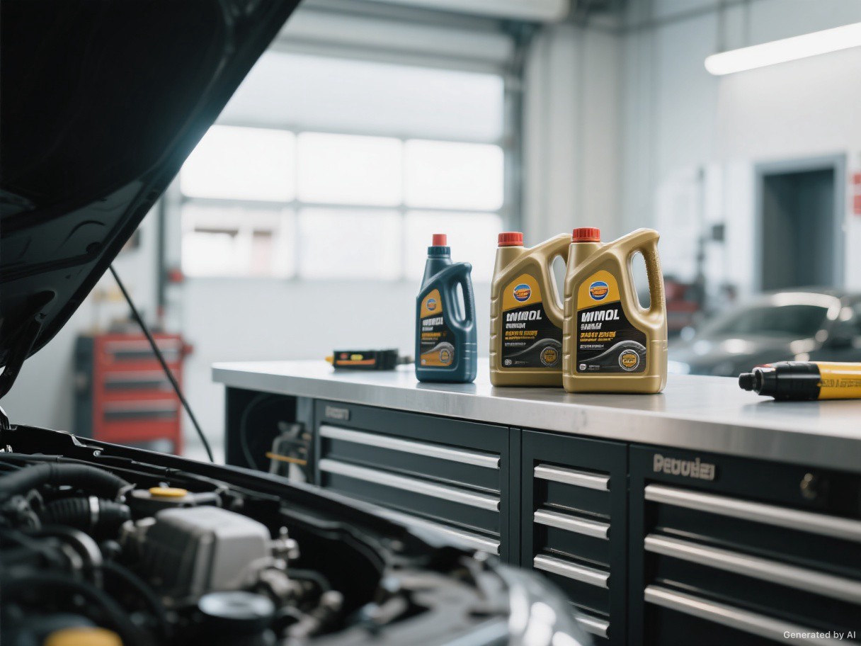 Motor oil containers near an open engine bay.