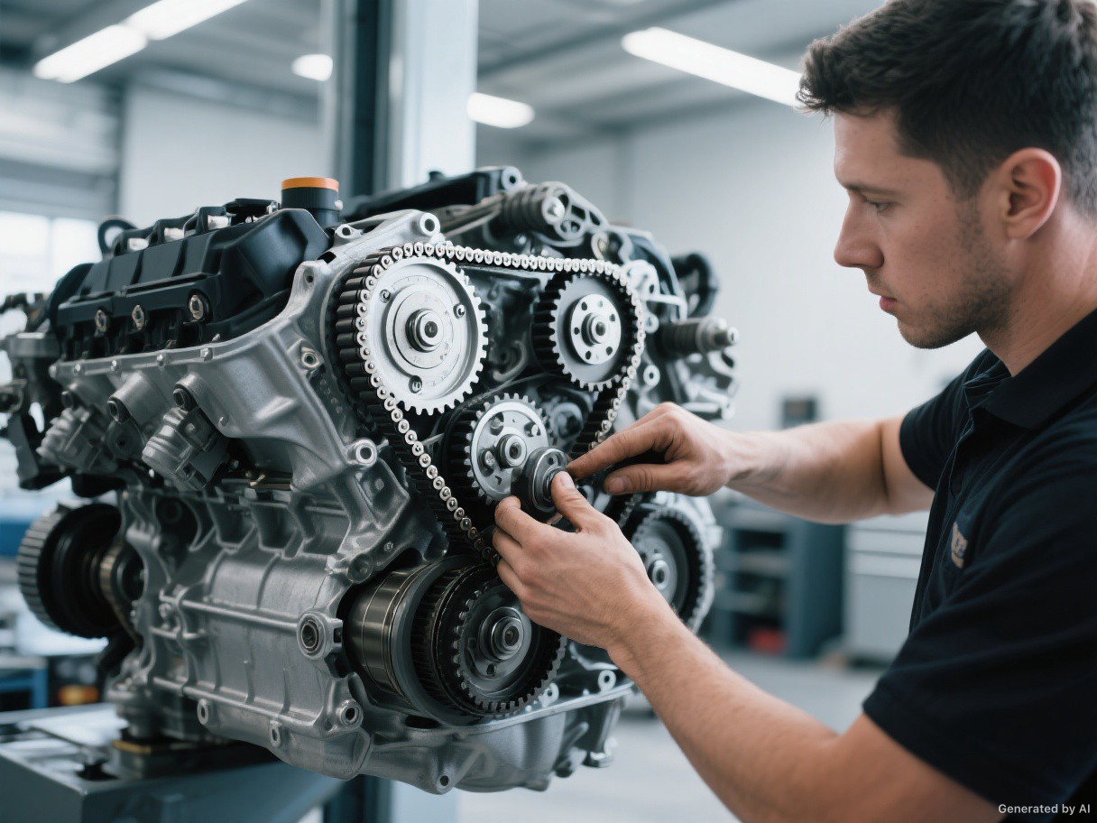 A technician inspecting exposed timing components in a workshop.