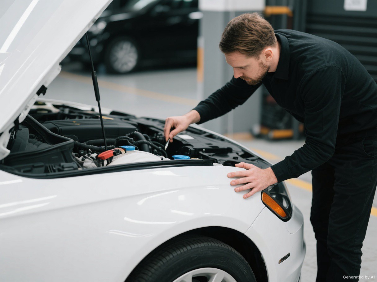 A used car inspection scene.