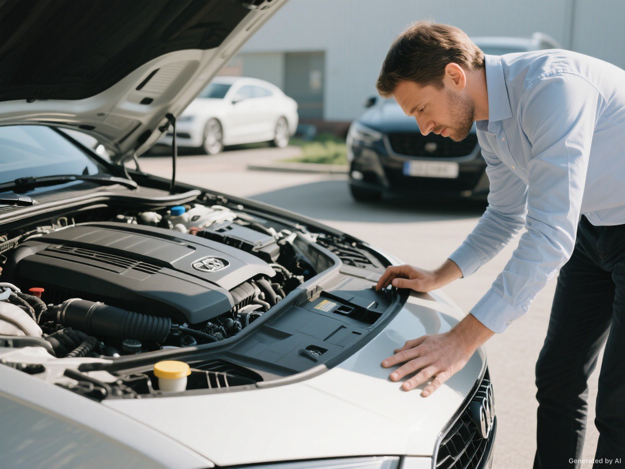 A buyer looking under a used car's hood during an inspection.