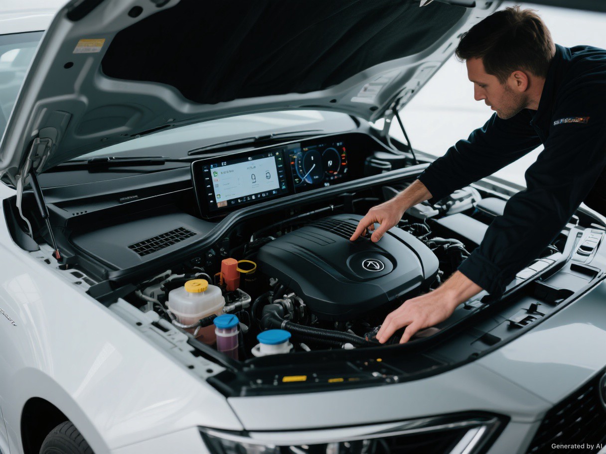 A technician examining a vehicle's engine bay.