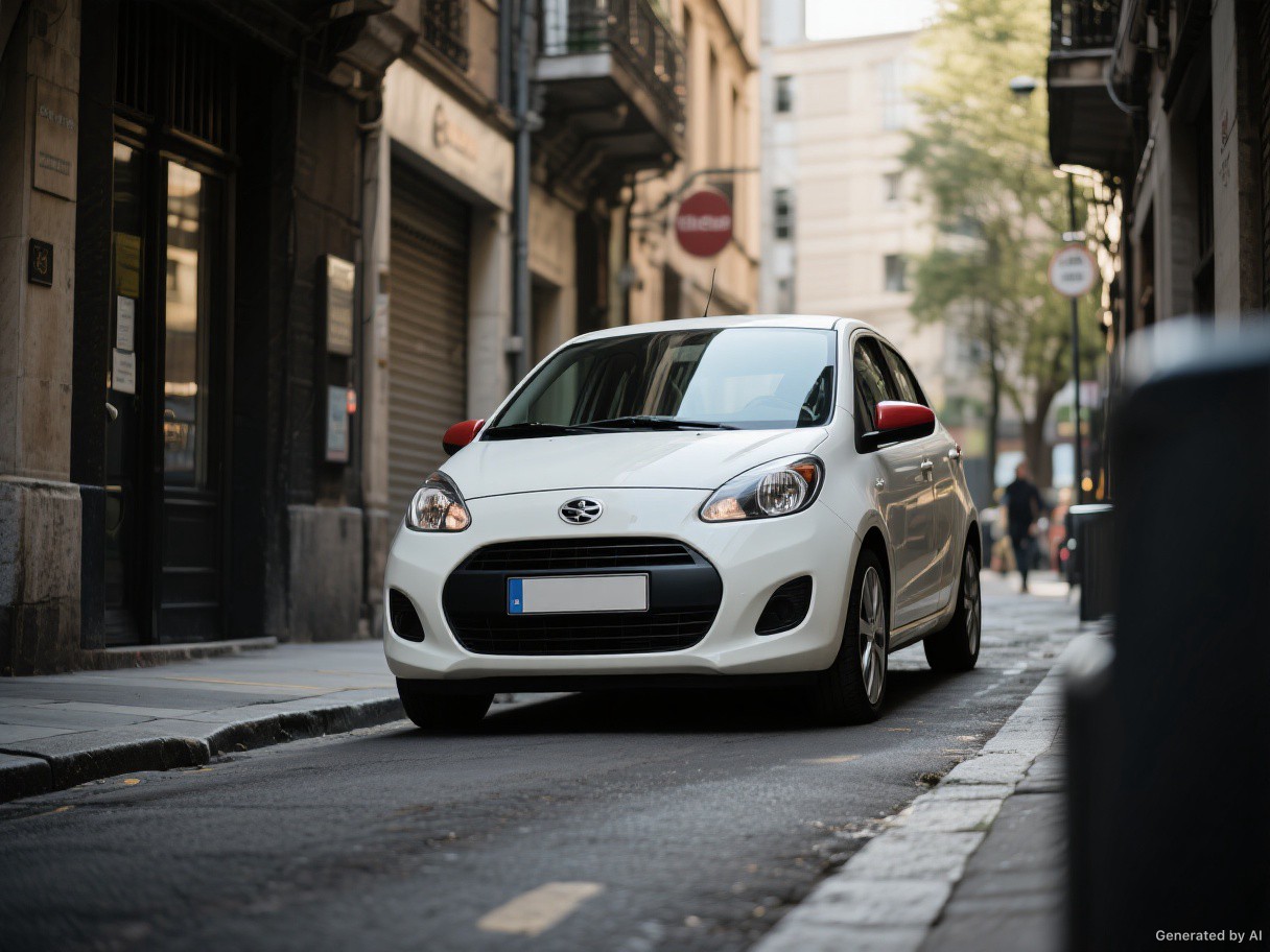 A compact city car on a narrow street.